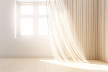 Fototapeta sunlight, blowing white sheer linen, blackout curtain from open window, AI generated obraz
