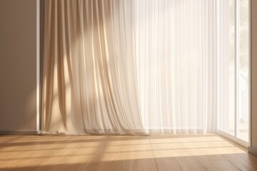 Beautiful sunlight, blowing white sheer linen, blackout curtain from open window, generated by AI - obrazy, fototapety, plakaty