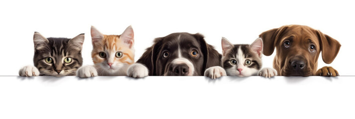 cute puppies and kittens peeking over web banner isolated white background. Generative AI