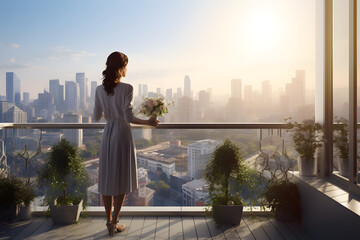 Woman on the balcony enjoying city view 
