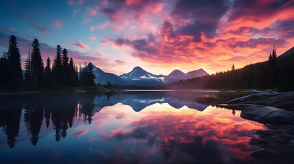 beautiful sunrise over a calm lake surrounded by mountains