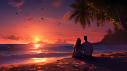 romantic couple watching a sunset on a tropical beach