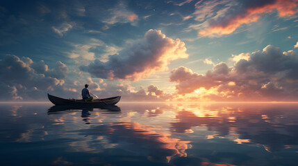 man fishing in a tiny boat on a cloud in the sky during sunset
