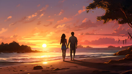 romantic couple watching a sunset on a tropical beach