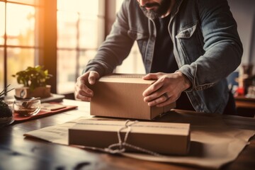 man packing a gift or parcel at home on the table.Generative AI