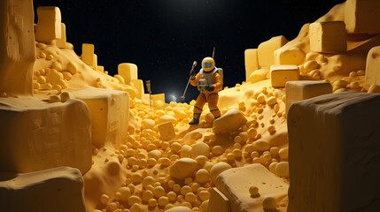 tiny astronauts exploring a foreign planet made entirely of cheese