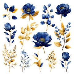Watercolor elements navy blue gold wild flowers, leaves, eucalyptus, branches set for wedding stationary, invitation card, greeting, wallpaper, fashion, isolated transparent background. generative ai