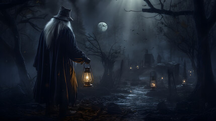 old man using a lantern to guide spirits of the forest back home during a misty night