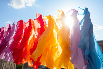 rainbow flags holding in the sky in philadelphia, in the style of gutai group