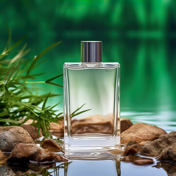 Glass perfume bottle mockup on natural green outdoors botanical background with plants, flowers and wooden elements, beauty product container commercial branding ready template