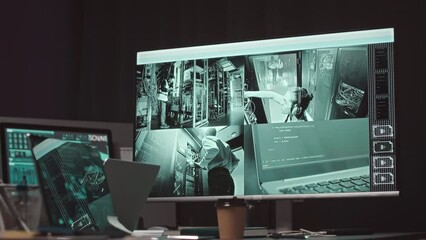 No people shot of server room security camera surveillance footage on laptop screen in dark cyber security agency - Powered by Adobe