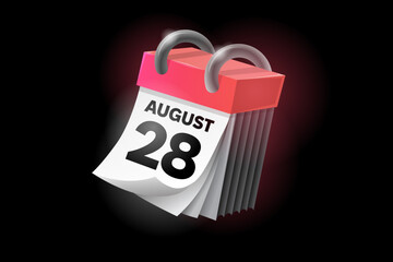 August 28 3d calendar icon with date isolated on black background. Can be used in isolation on any design.