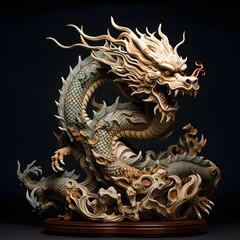 Fototapeta premium Traditional-style Japanese Dragon Carved from wood, the photo depicts traditional Japanese wood statue carving.