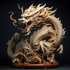Traditional-style Japanese Dragon Carved from wood, the photo depicts traditional Japanese wood statue carving.