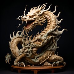 Fototapeta premium Traditional-style Japanese Dragon Carved from wood, the photo depicts traditional Japanese wood statue carving.