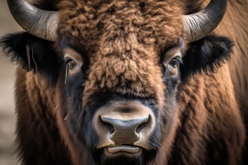 Naklejka premium muzzle of a bison close-up. Generative AI