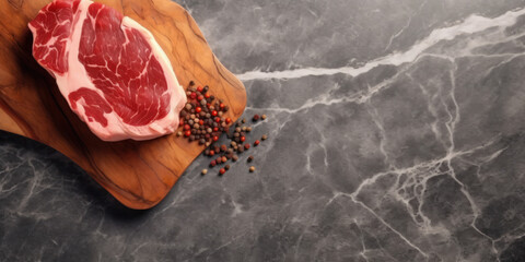fresh raw beef steak with herbs and vegetables on a wooden meat board. Dark background. Generative AI
