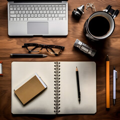notebook and pen, Office desk with objects
