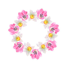 Watercolor wreath of tulips and daffodils on a transparent background. Hand drawn illustration. Round frame for poster templates, invitations, business cards, postcards and backgrounds.