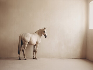 Beautiful white horse in a room.