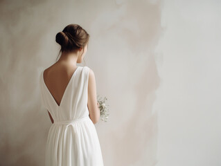 Bride in wedding dress, rear view.