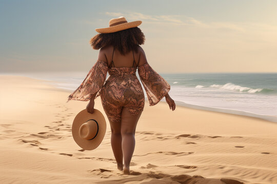 Curvy African American woman walking on the beach. vacations. travel. free. illustration created with ai
