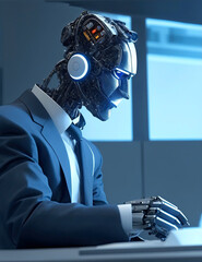 AI Robot with tie siting on a desktop woking in the computer, replacing a human in the office. -  IA Generative 