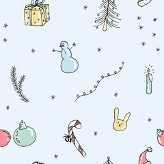 New Year hand drawn seamless pattern  with snowman, gifts, bunny and snow -  on light blue background