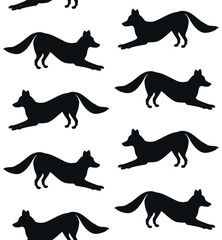 Vector seamless pattern of hand drawn flat fox silhouette isolated on white background