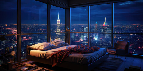 bedroom view from penthouse in night city - obrazy, fototapety, plakaty