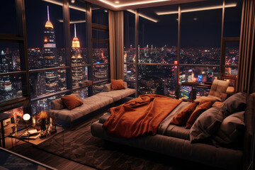 bedroom view from penthouse in night city - obrazy, fototapety, plakaty