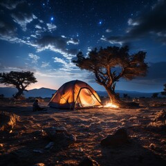 A tent under a starry sky. Generative AI. 
