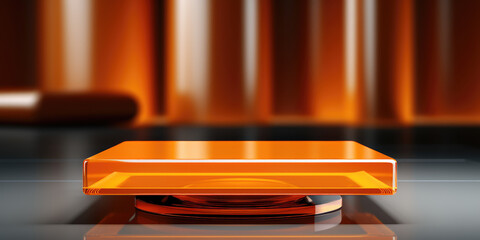Empty orange cube podium product background 3d display platform stage of geometric stand pedestal scene studio space or blank presentation exhibition steps and mockup showcase on advertising