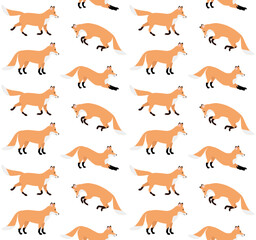 Vector seamless pattern of flat hand drawn fox isolated on white background