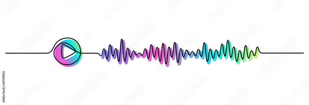 Poster One continuous line drawing of music player soundbar with play button. Record audio podcast and sound wave voice message in simple linear style. Editable stroke. Doodle outline vector illustration