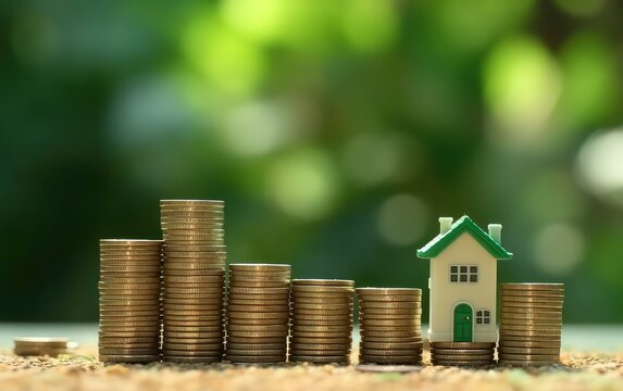 House model with the coins, real estate finance , investment, with green background 