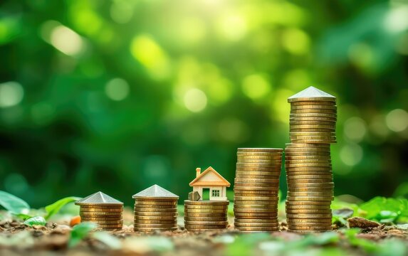 House model with the coins, real estate finance , investment, with green background 