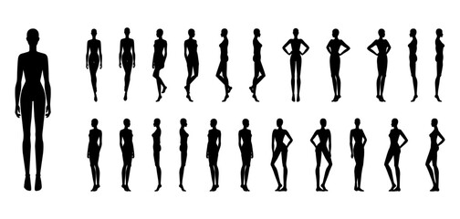 Silhouette of Women set body standing and walking in different poses fashion Illustration. Flat female character collection front, back view girl. Human slim lady infographic template