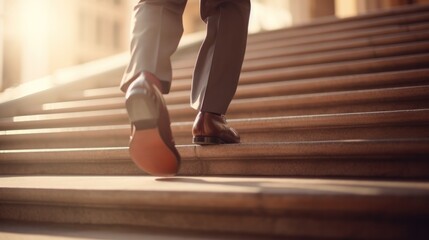 Young gen z millenial businessman walking upstairs 