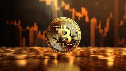 Golden bitcoin coin with trading graphs in the background. Cryptocurrency growth bull run concept