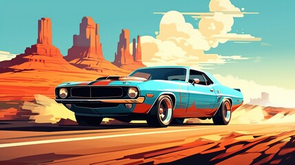 Fototapeta na wymiar American retro muscle car driving on the road with a beautiful landscape