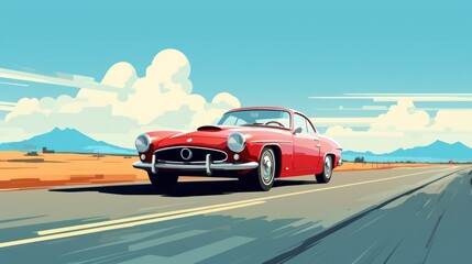 Plakat Retro car driving on the road with beautiful landscape