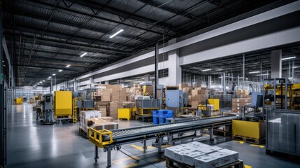 Conveyor belt in a modern warehouse factory. Generative AI