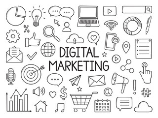 Digital marketing doodle set. Social media, online communication, email, internet network elements in sketch style. Hand drawn vector illustration isolated on white background © AnyaLi