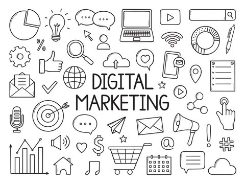 Digital marketing doodle set. Social media, online communication, email, internet network elements in sketch style. Hand drawn vector illustration isolated on white background