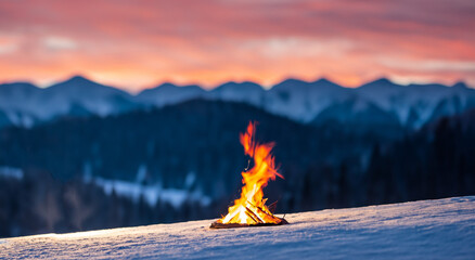 campfire in the middle of snow in winter