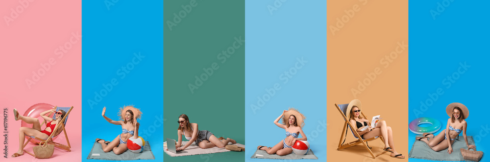 Sticker Collage of beautiful young woman in stylish swimsuits and beach accessories on color background