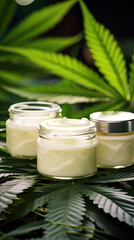 Obraz na płótnie Canvas White jar of face cream stands on marijuana leaves