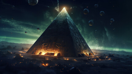 a giant pyramid floating with fire runes, several ships, alien invasion, dark sky. AI generated image.