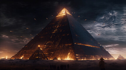 a giant pyramid floating with fire runes, several ships, alien invasion, dark sky. AI generated image. - obrazy, fototapety, plakaty